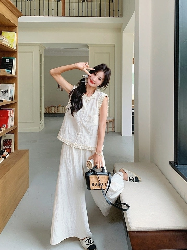 Lace Trim Vest And Wide Leg Pants Set