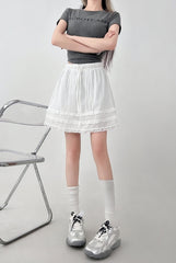 Lace Trim White A Line Skirt With Elastic Waist