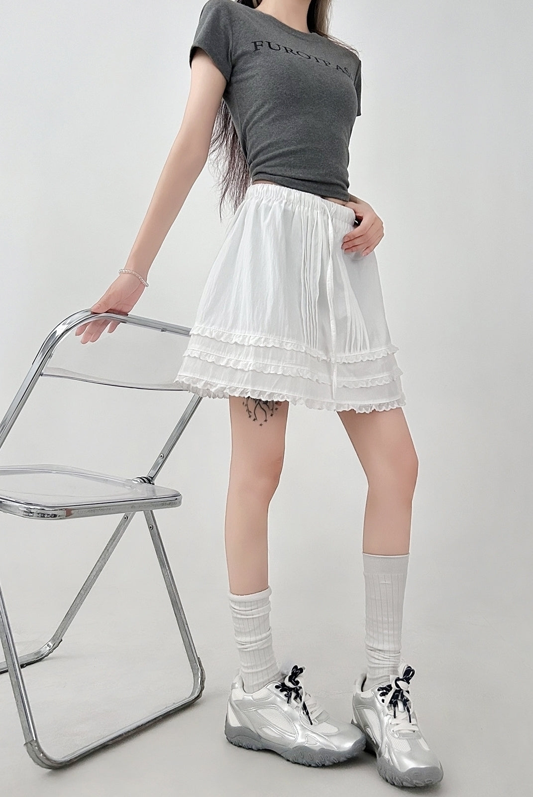 Lace Trim White A Line Skirt With Elastic Waist