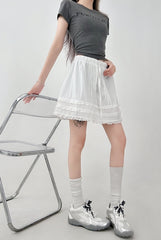 Lace Trim White A Line Skirt With Elastic Waist