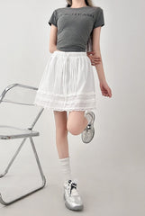 Lace Trim White A Line Skirt With Elastic Waist
