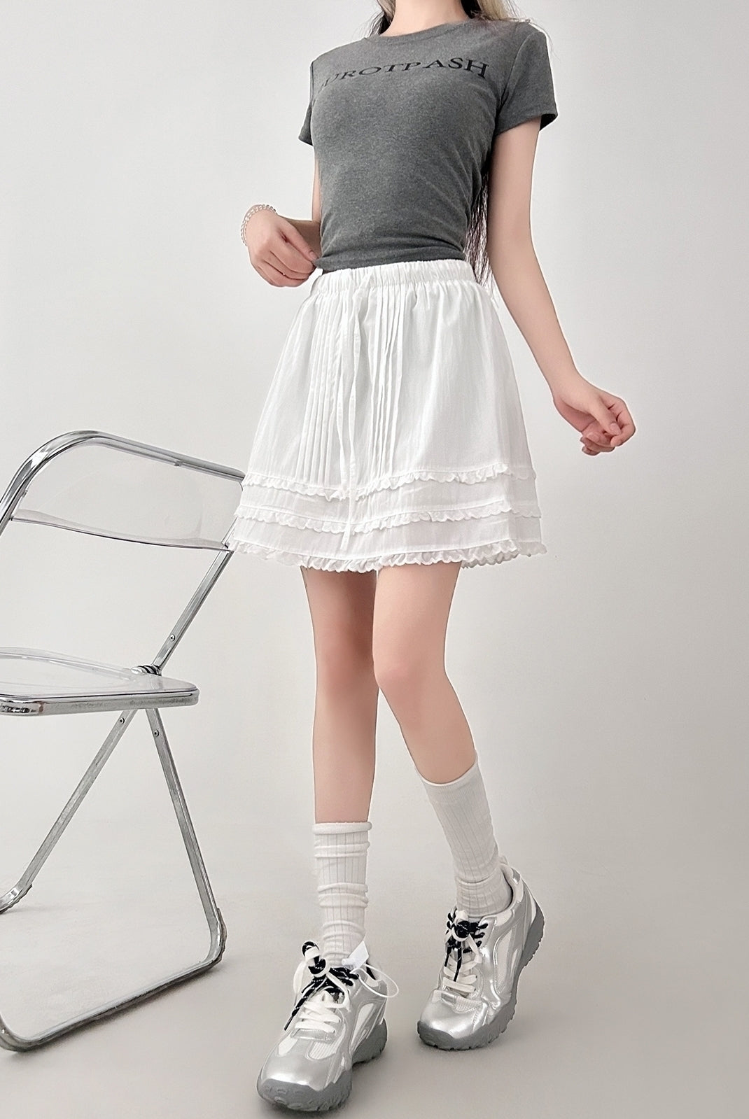 Lace Trim White A Line Skirt With Elastic Waist