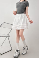 Lace Trim White A Line Skirt With Elastic Waist