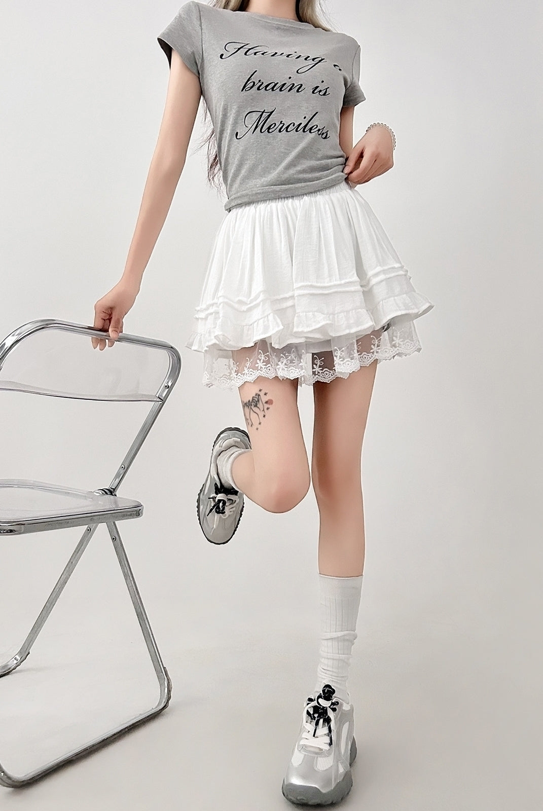 Lace Trim White Ballet Style High Waist Skater Skirt