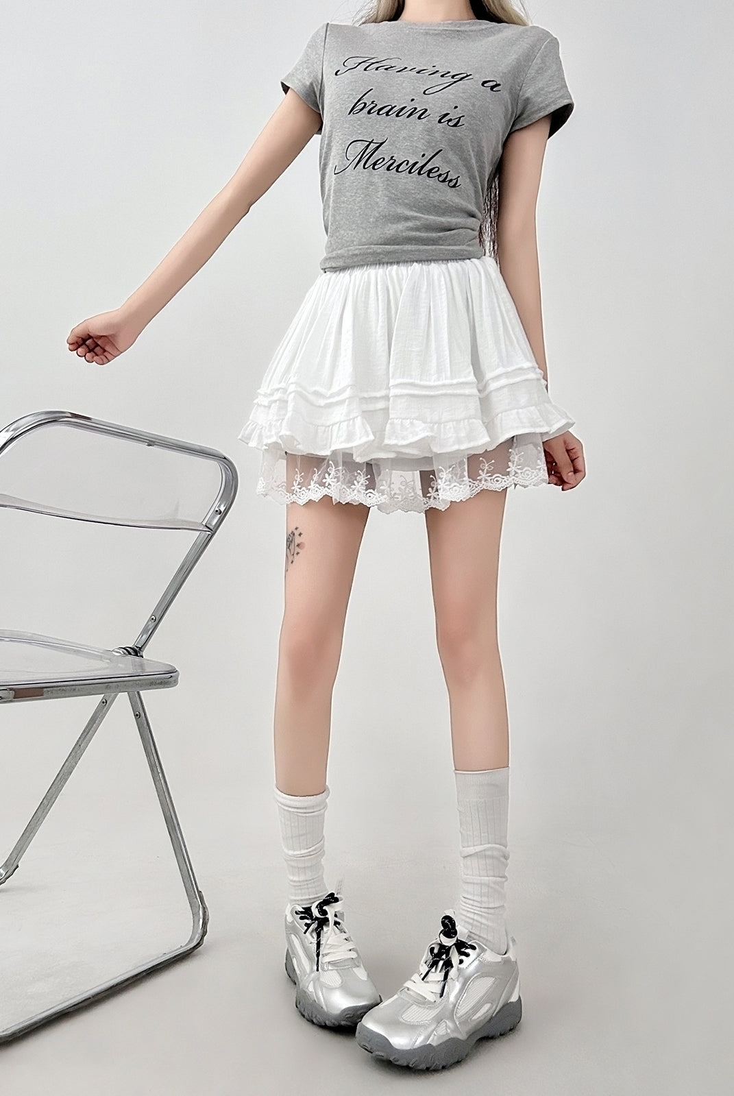 Lace Trim White Ballet Style High Waist Skater Skirt