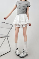 Lace Trim White Ballet Style High Waist Skater Skirt
