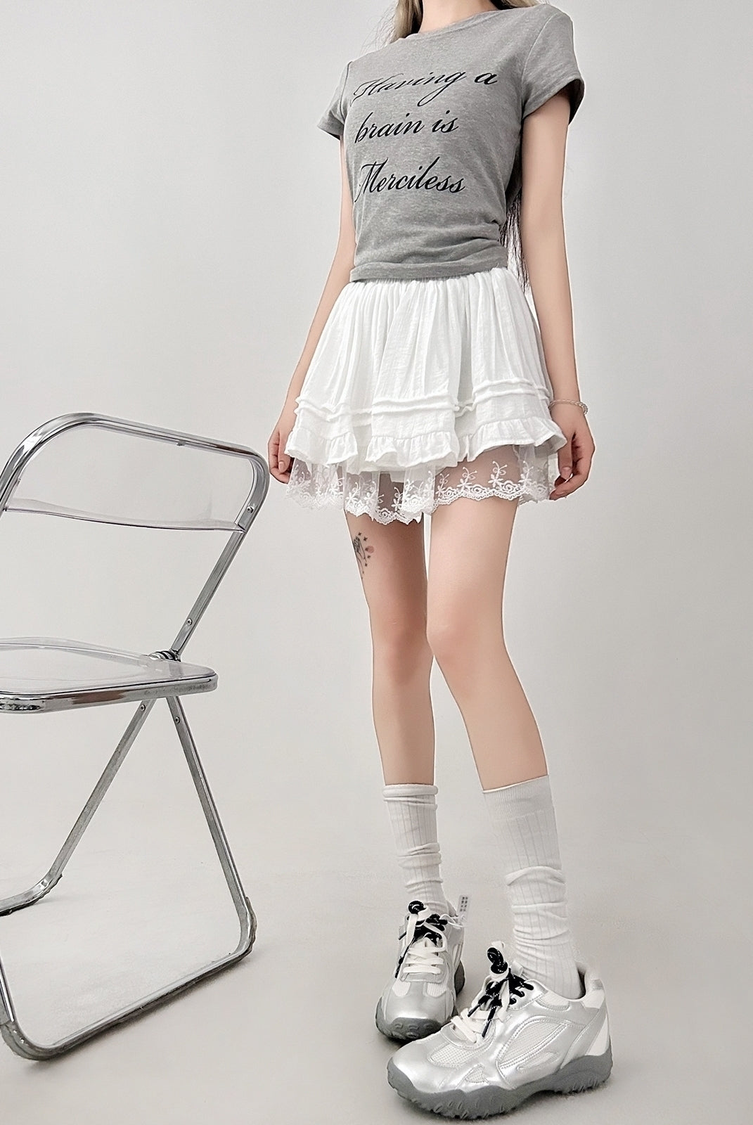 Lace Trim White Ballet Style High Waist Skater Skirt