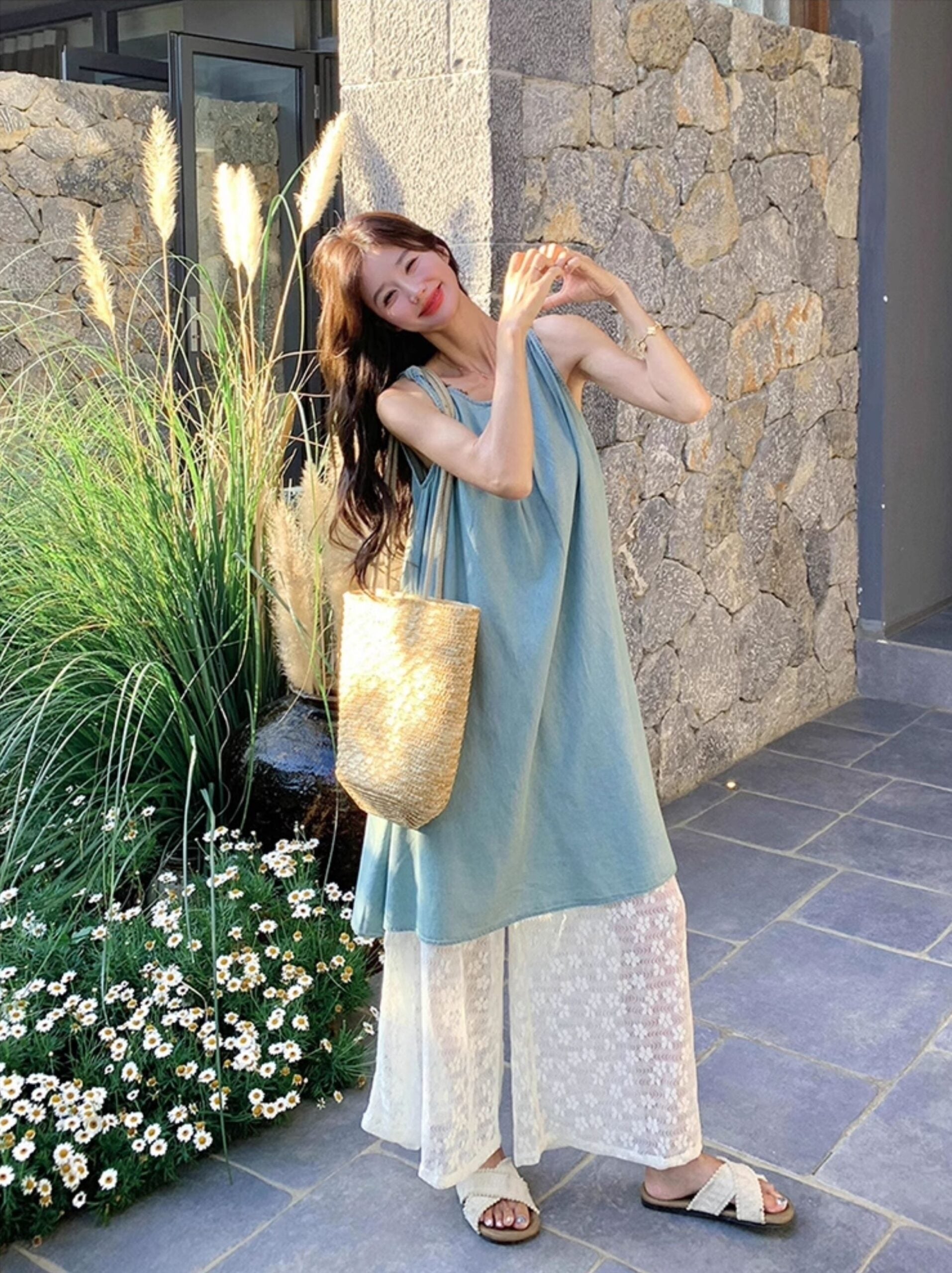 Lace Vest Dress Wide Leg Pants Vacation Set