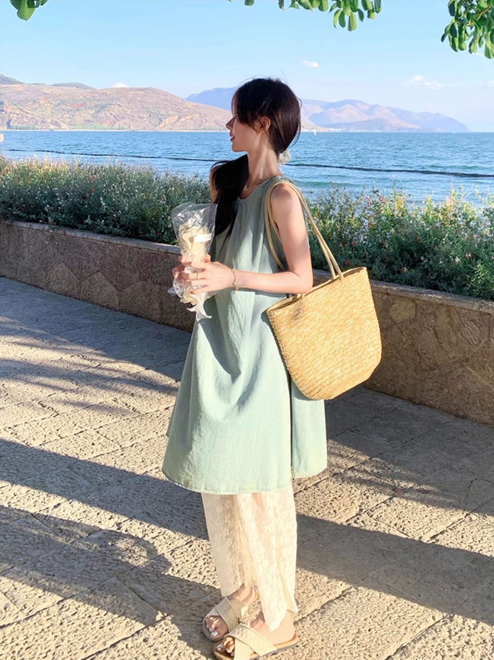 Lace Vest Dress Wide Leg Pants Vacation Set