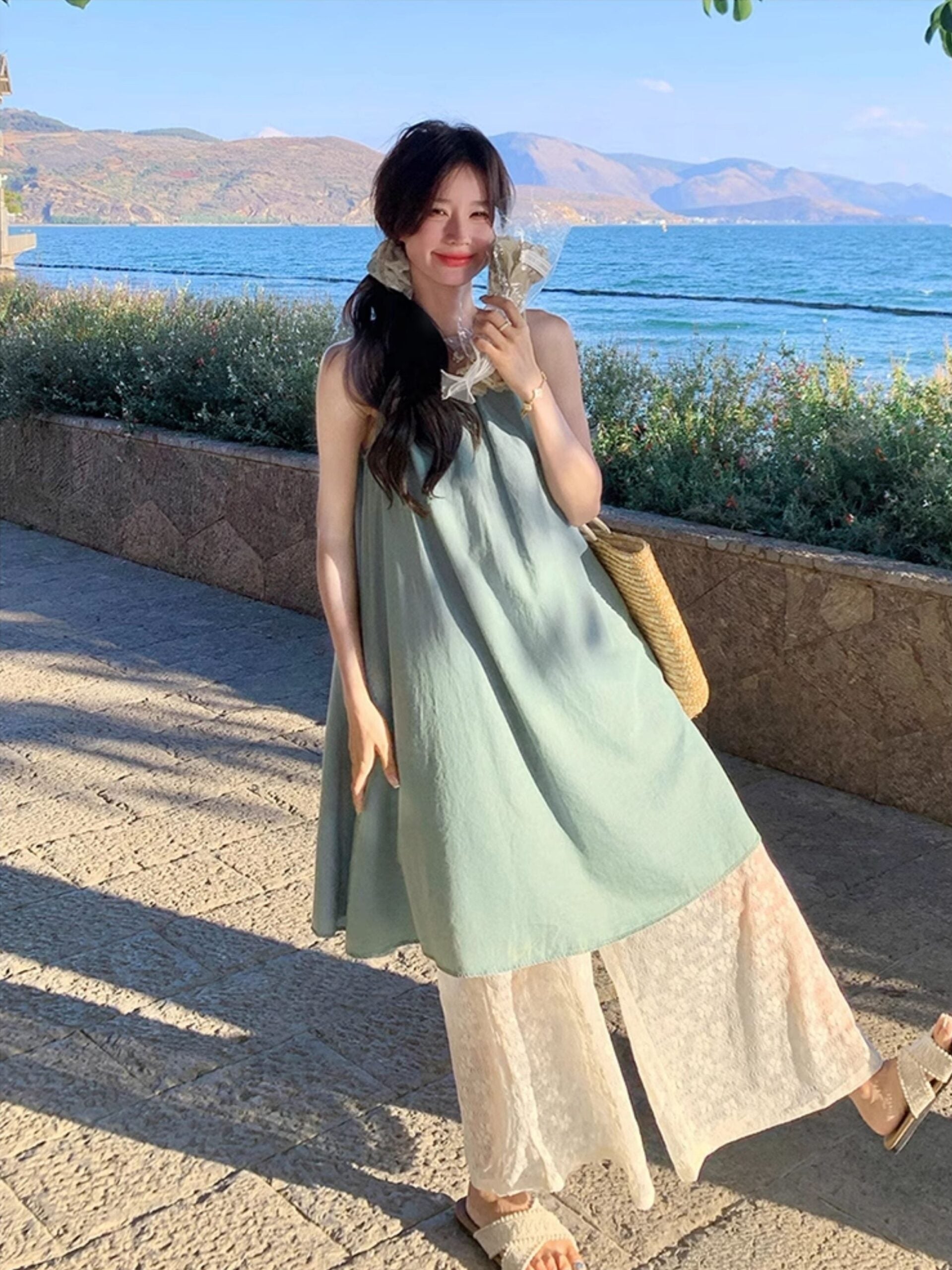 Lace Vest Dress Wide Leg Pants Vacation Set