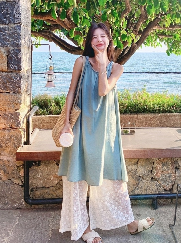 Lace Vest Dress Wide Leg Pants Vacation Set