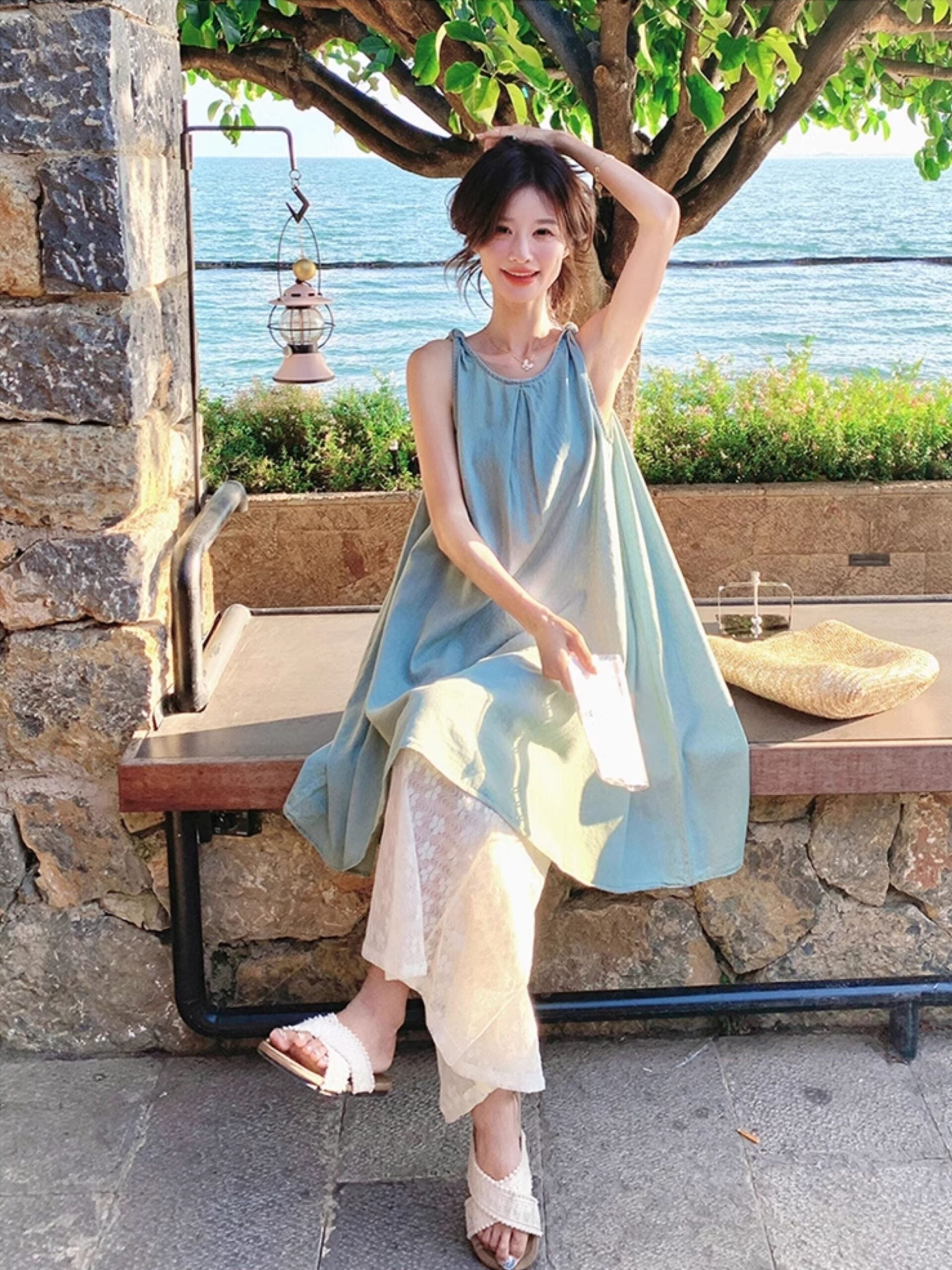 Lace Vest Dress Wide Leg Pants Vacation Set