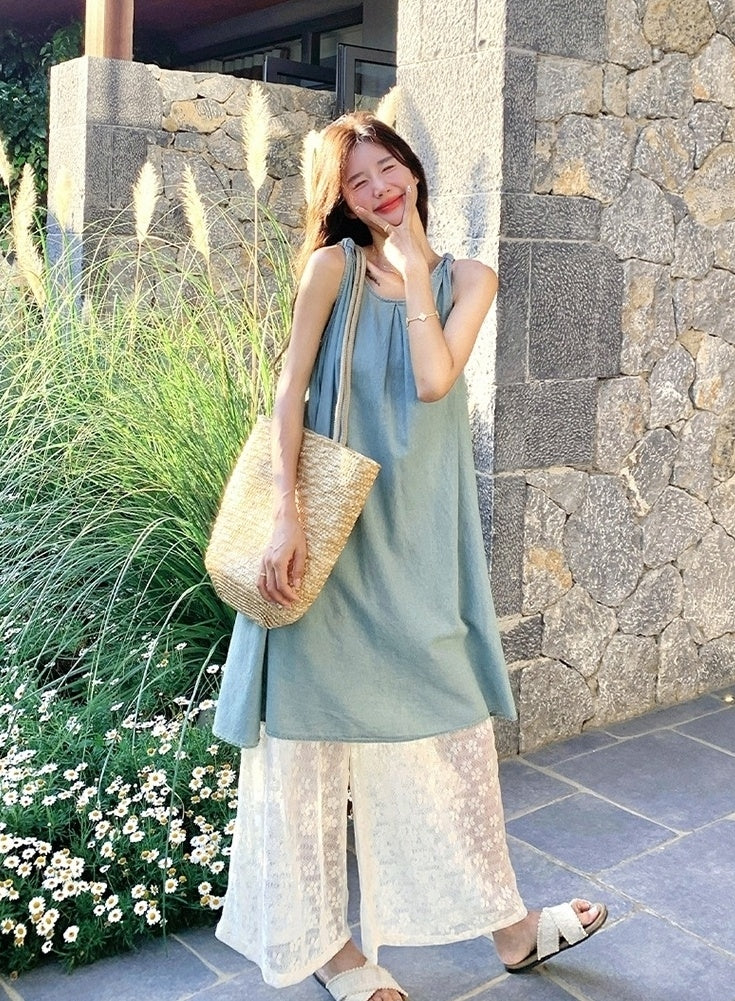 Lace Vest Dress Wide Leg Pants Vacation Set