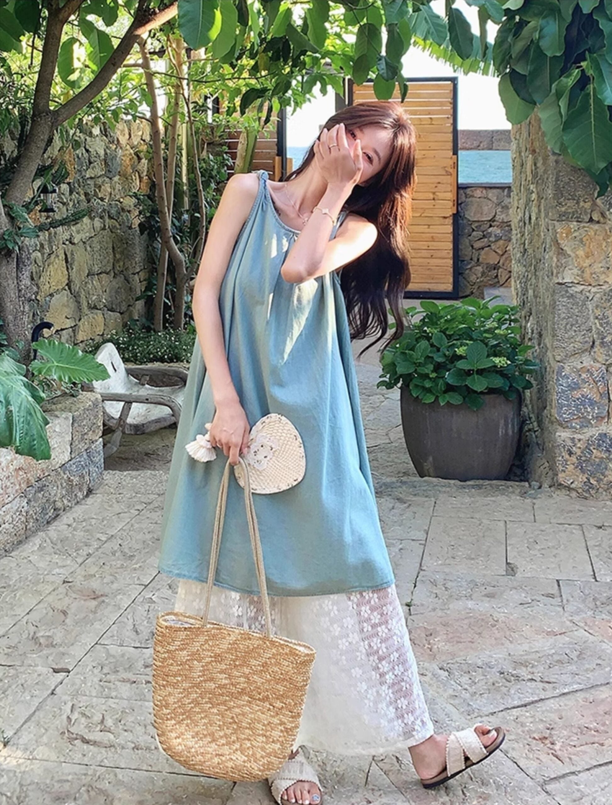 Lace Vest Dress Wide Leg Pants Vacation Set