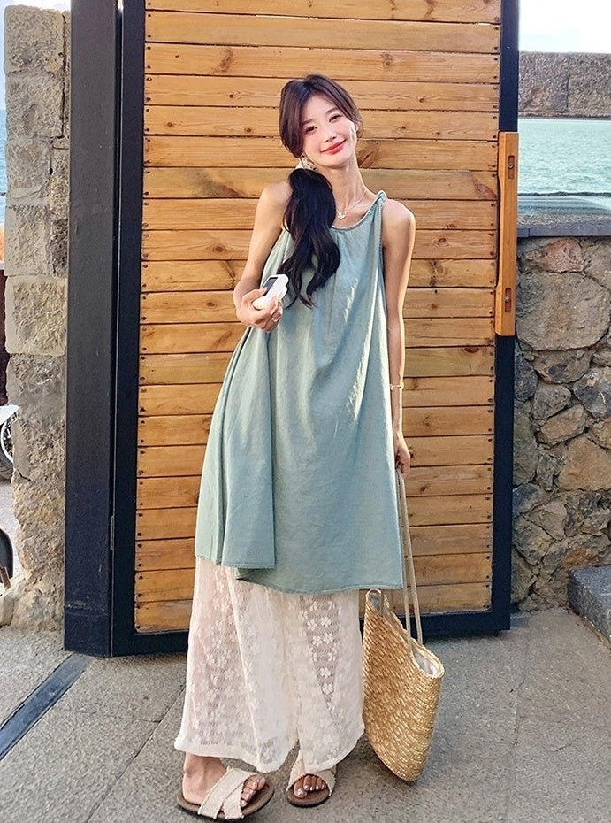 Lace Vest Dress Wide Leg Pants Vacation Set