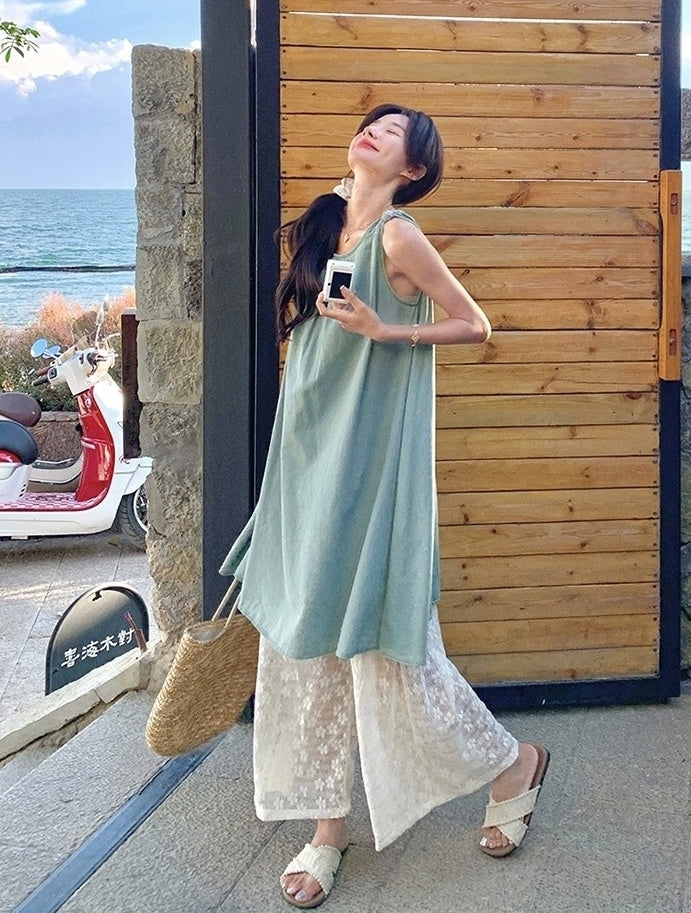 Lace Vest Dress Wide Leg Pants Vacation Set