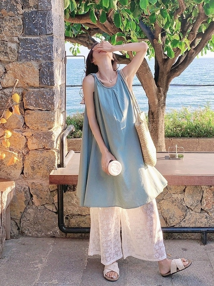 Lace Vest Dress Wide Leg Pants Vacation Set