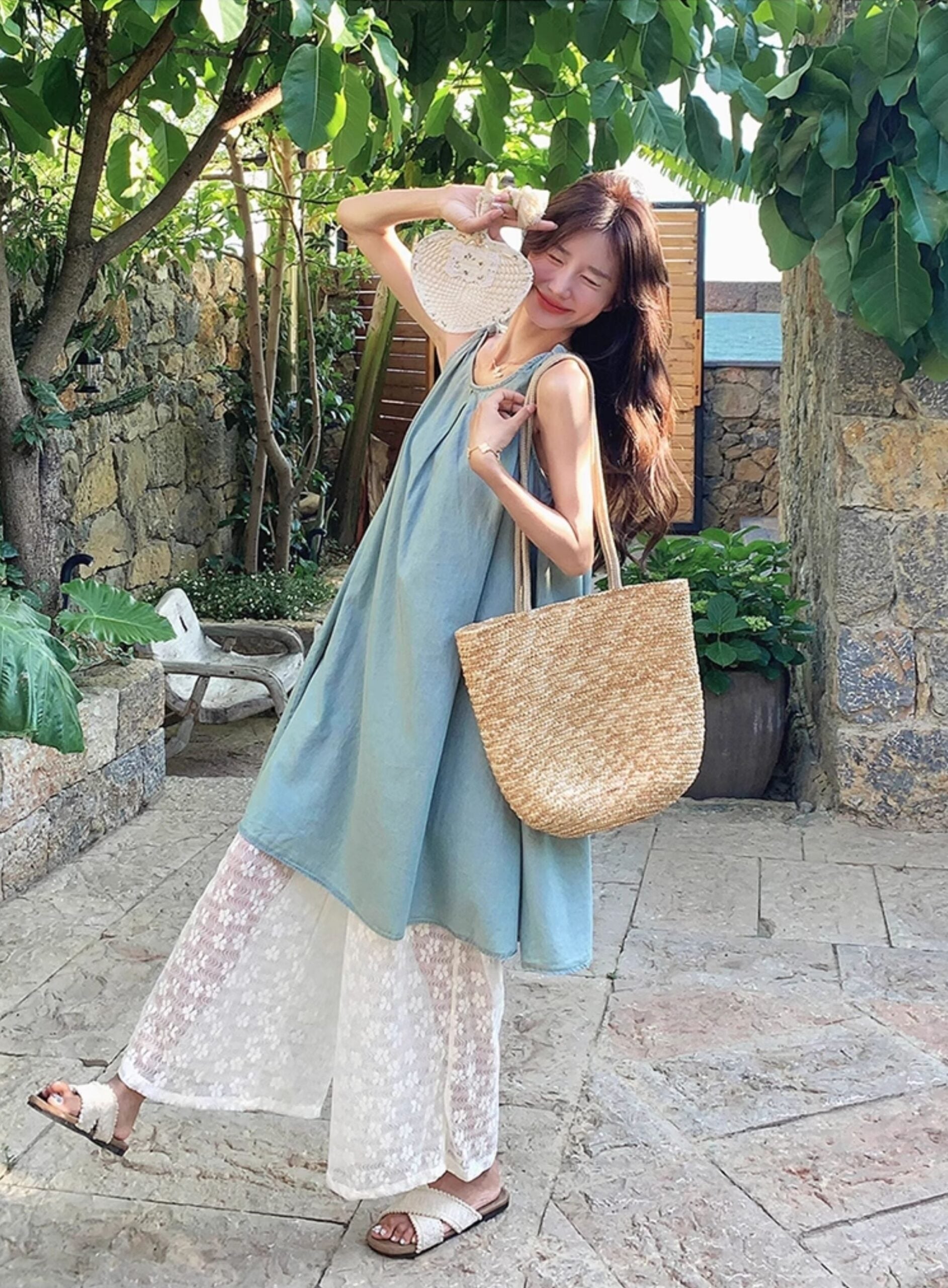 Lace Vest Dress Wide Leg Pants Vacation Set