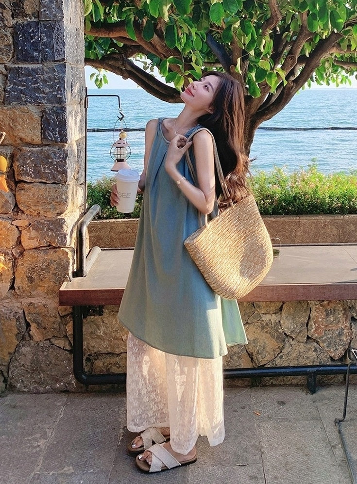 Lace Vest Dress Wide Leg Pants Vacation Set