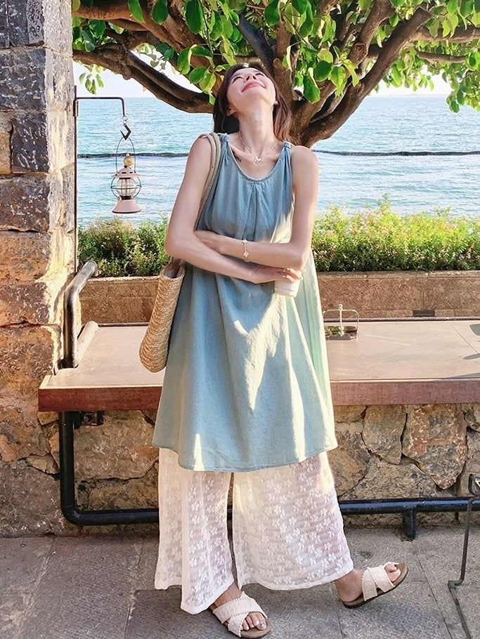 Lace Vest Dress Wide Leg Pants Vacation Set