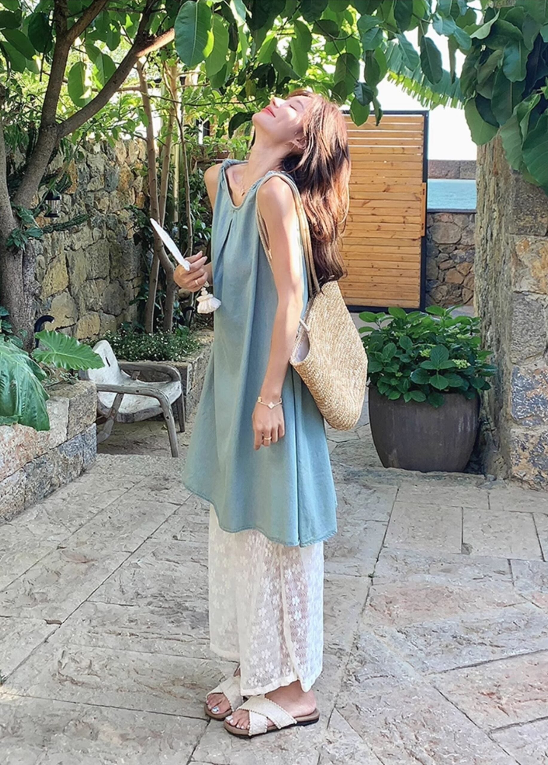Lace Vest Dress Wide Leg Pants Vacation Set
