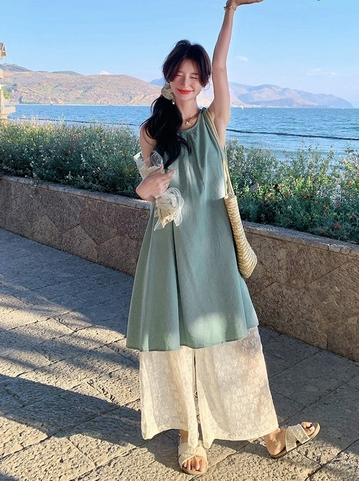 Lace Vest Dress Wide Leg Pants Vacation Set