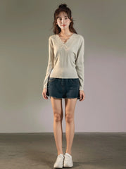 Lace Vneck Knit Sweater