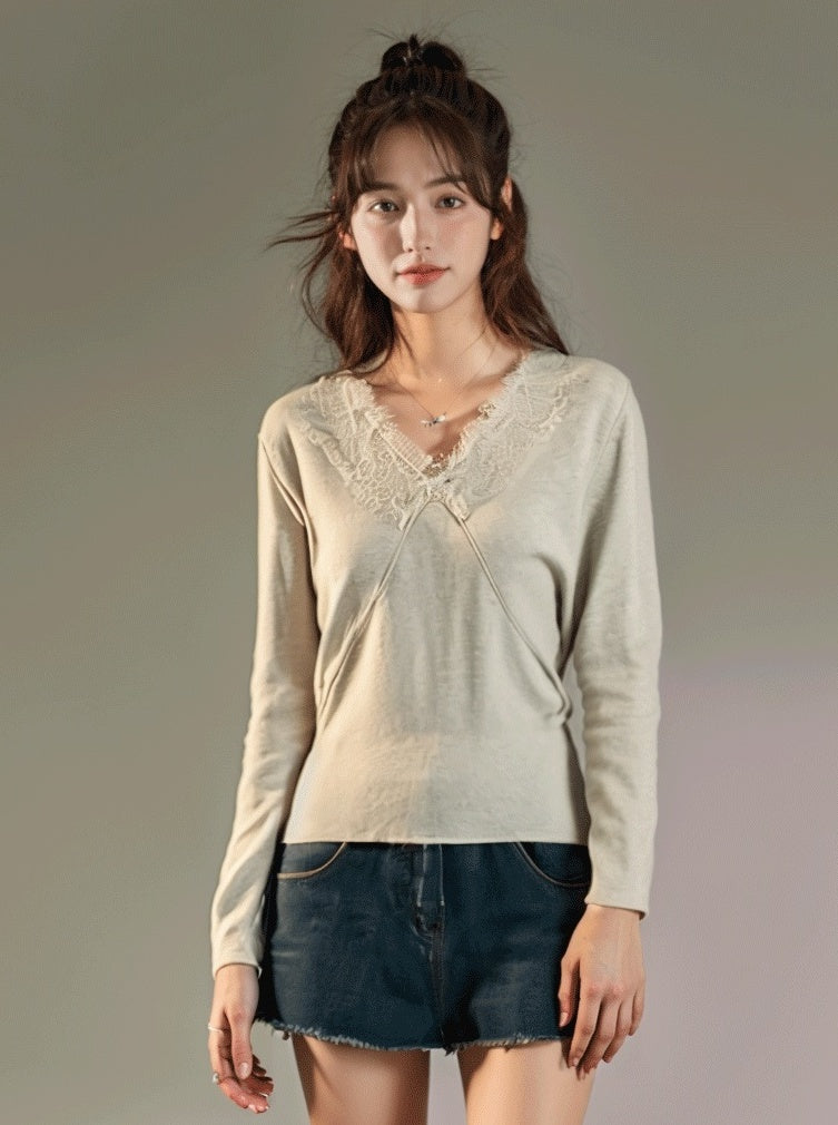 Lace Vneck Knit Sweater