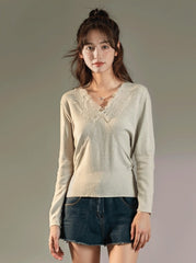 Lace Vneck Knit Sweater