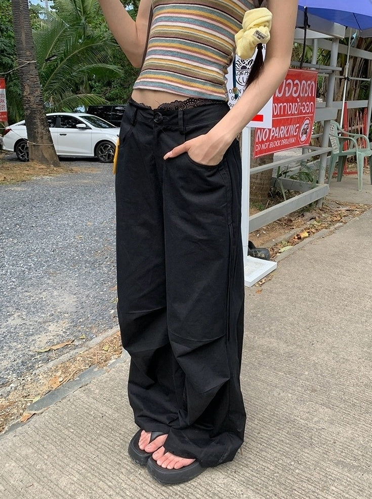 Lace Wide Leg Casual Black Pants