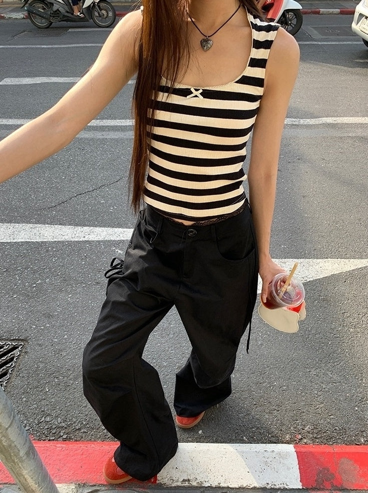 Lace Wide Leg Casual Black Pants