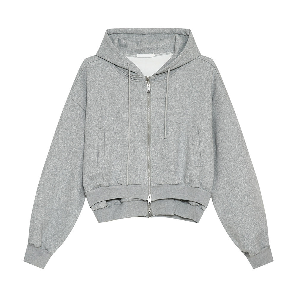 Layered Hooded Double Zip Cropped Casual Jacket
