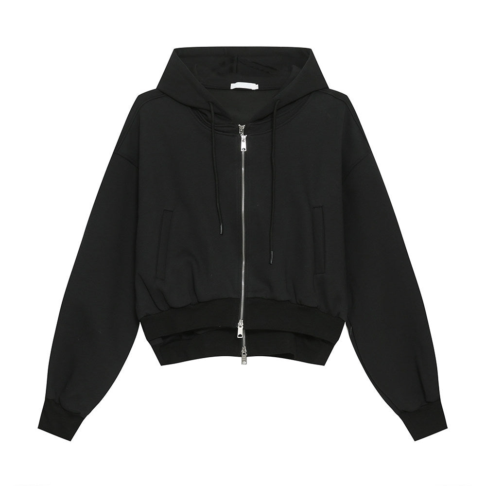 Layered Hooded Double Zip Cropped Casual Jacket