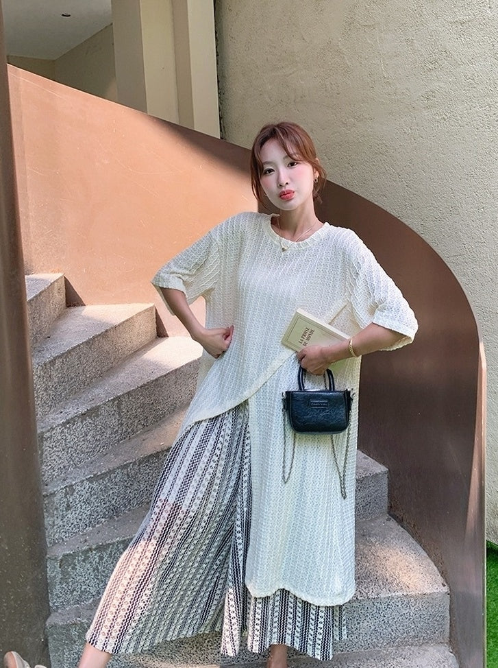 Layered Irregular Hollow Out Wide Leg Pants Set