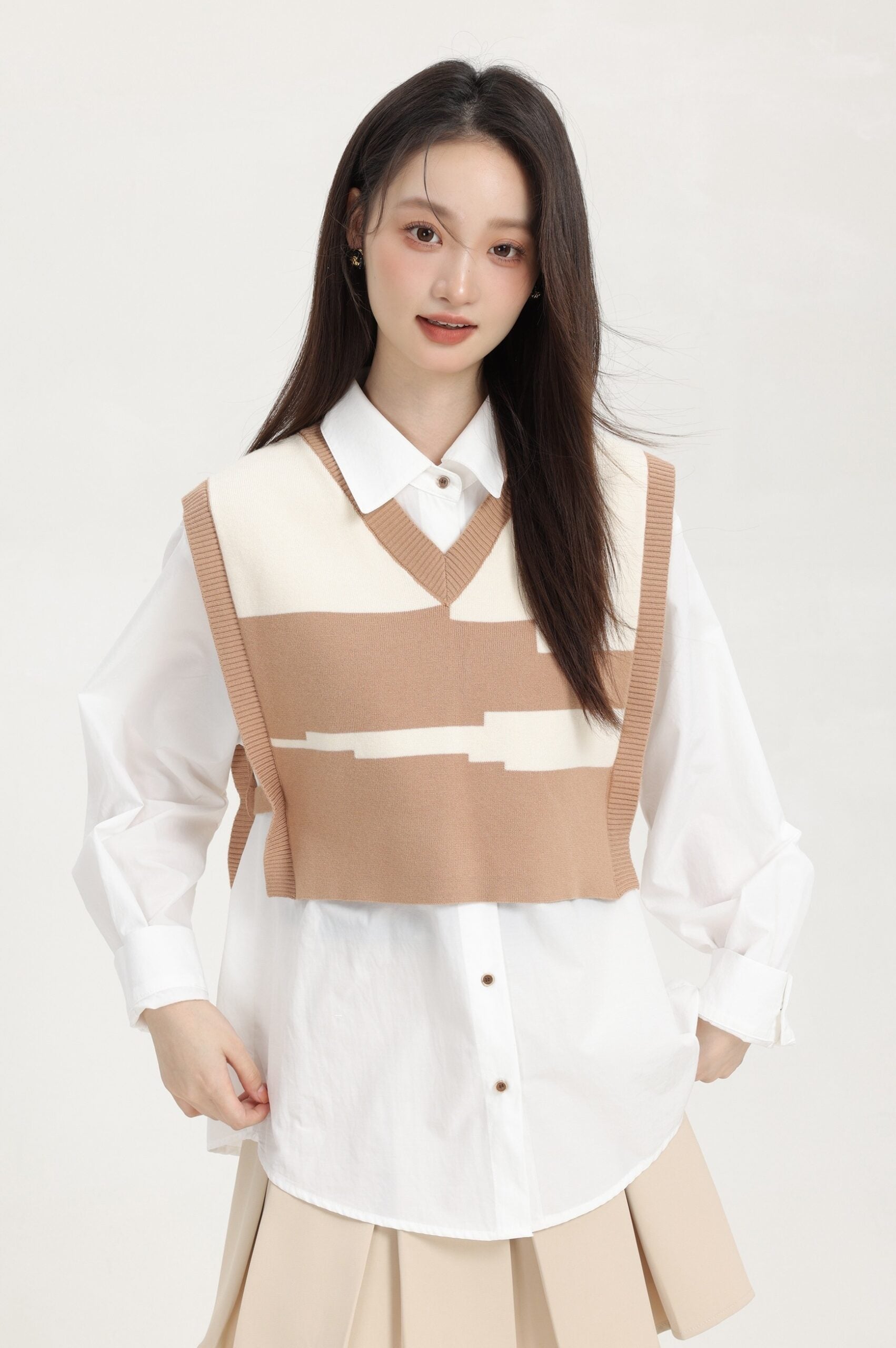 Brown Layered V-Neck Sweater Vest