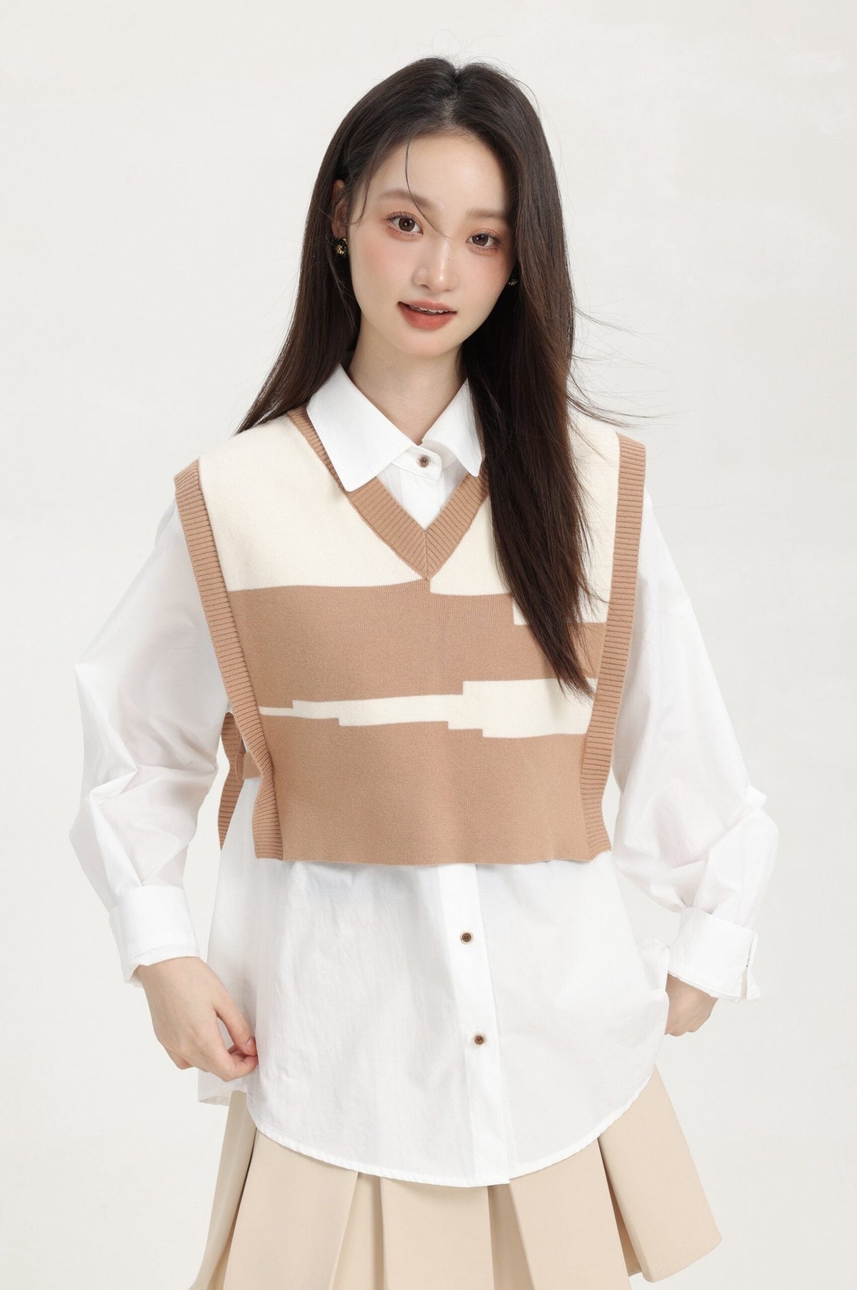 Brown Layered V-Neck Sweater Vest