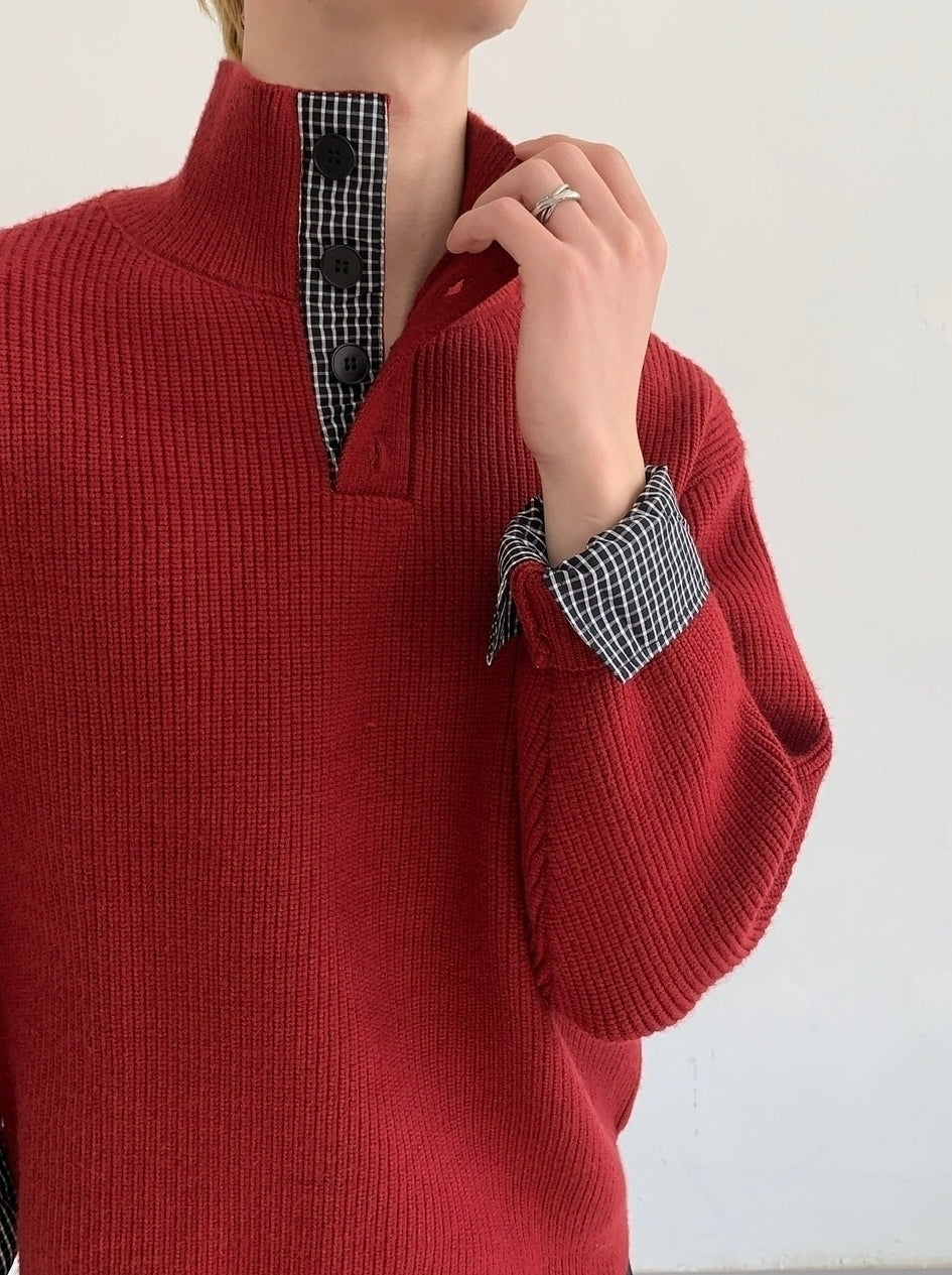 Lazy Layered Stand Collar Red Knit Sweater Jacket