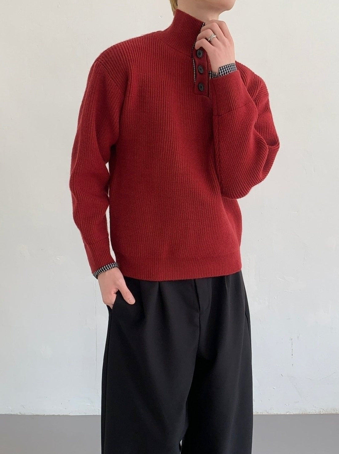 Lazy Layered Stand Collar Red Knit Sweater Jacket