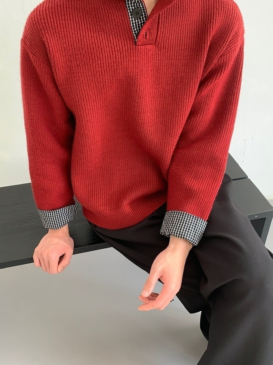 Lazy Layered Stand Collar Red Knit Sweater Jacket