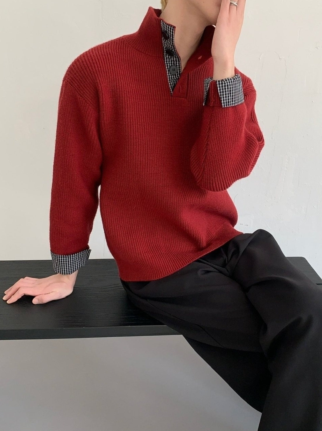Lazy Layered Stand Collar Red Knit Sweater Jacket