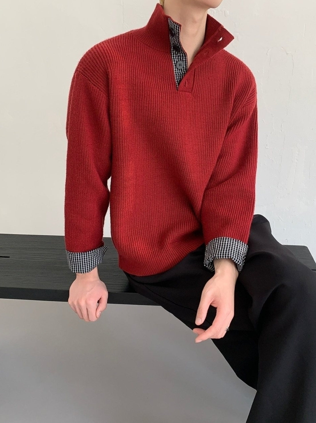 Lazy Layered Stand Collar Red Knit Sweater Jacket
