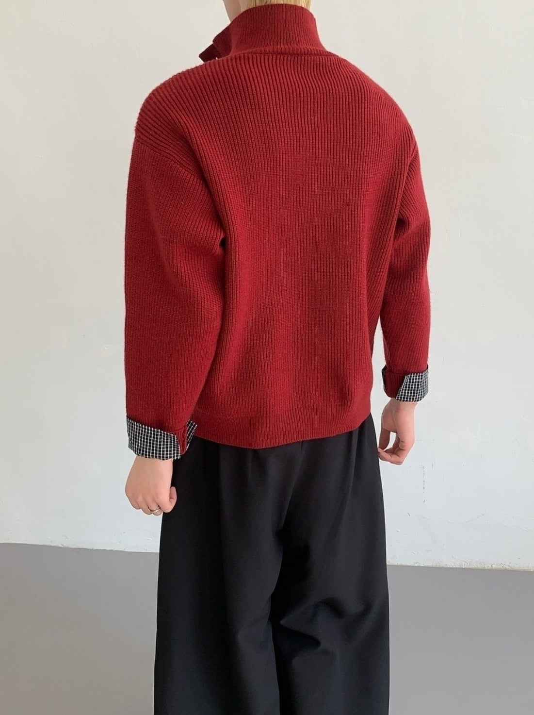 Lazy Layered Stand Collar Red Knit Sweater Jacket
