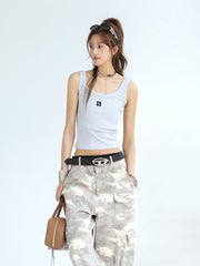 Letter Embroidered Slim Fit Sleeveless Tank Top
