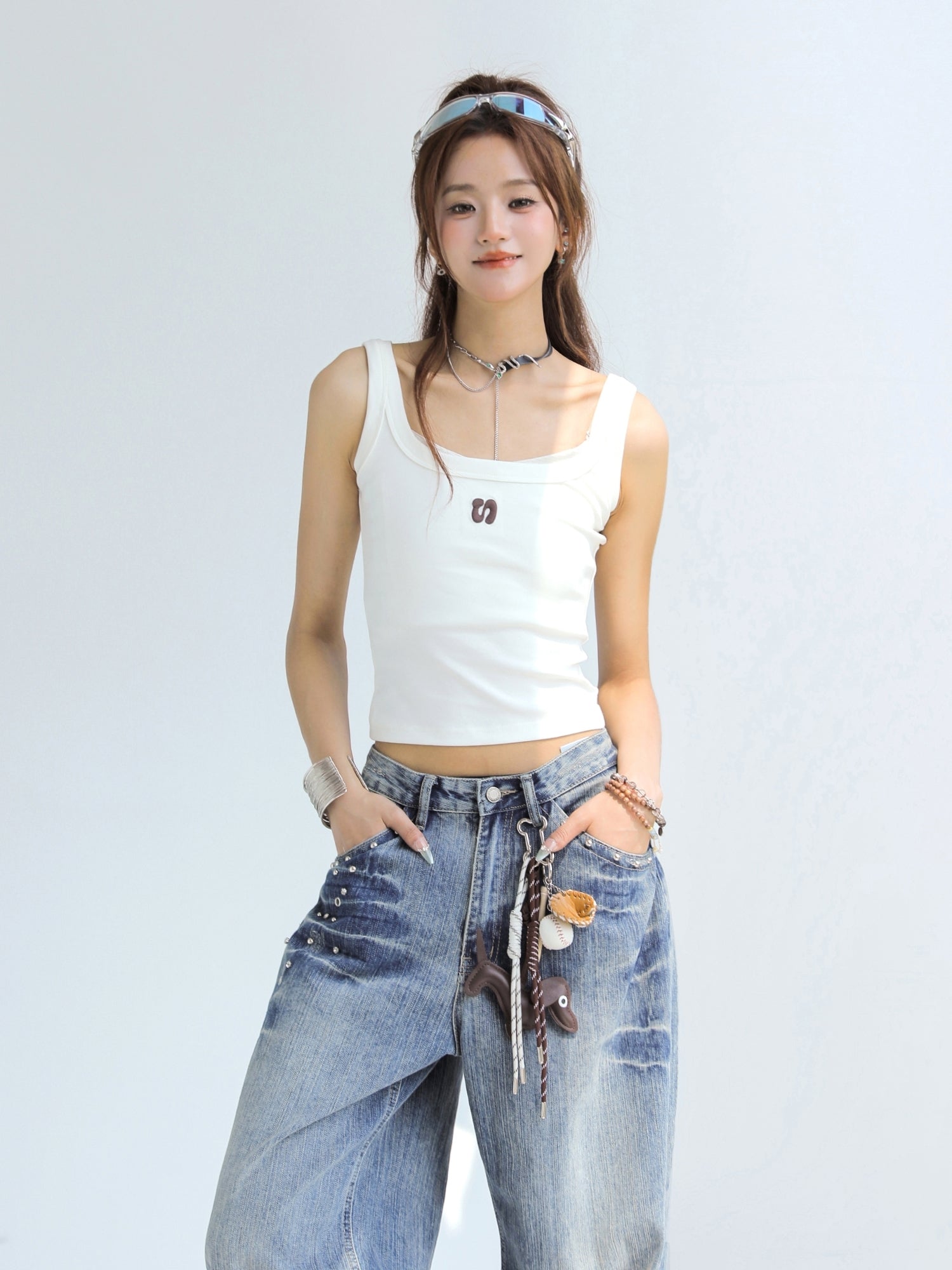 Letter Embroidered Slim Fit Sleeveless Tank Top