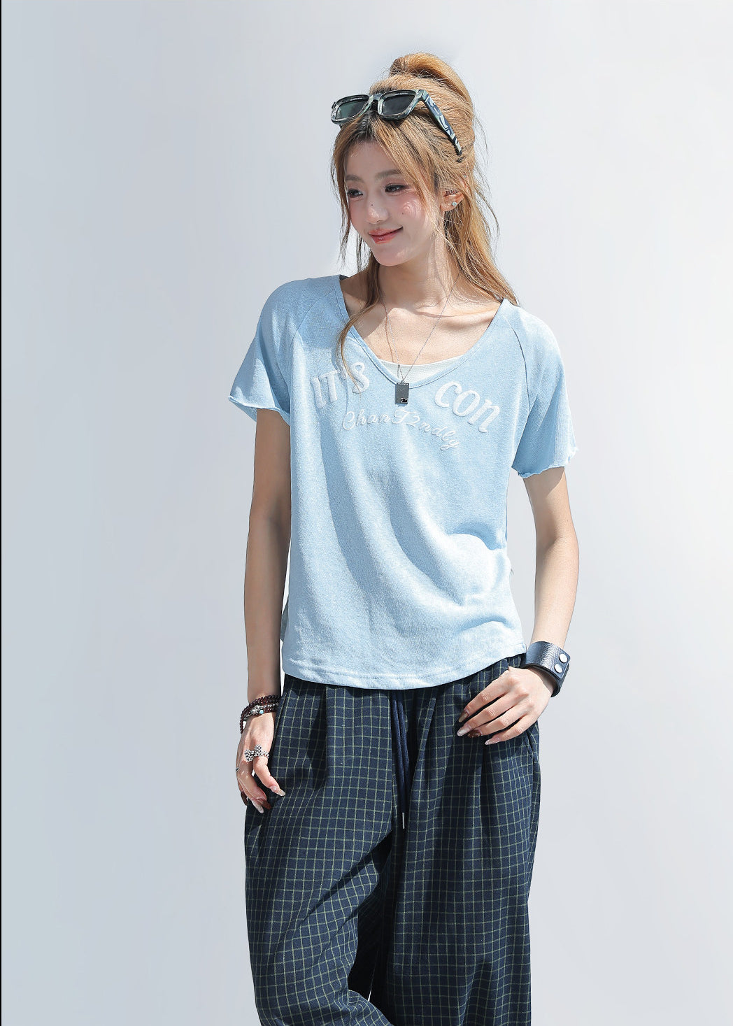 Letter Print V Neck Short Sleeve Top