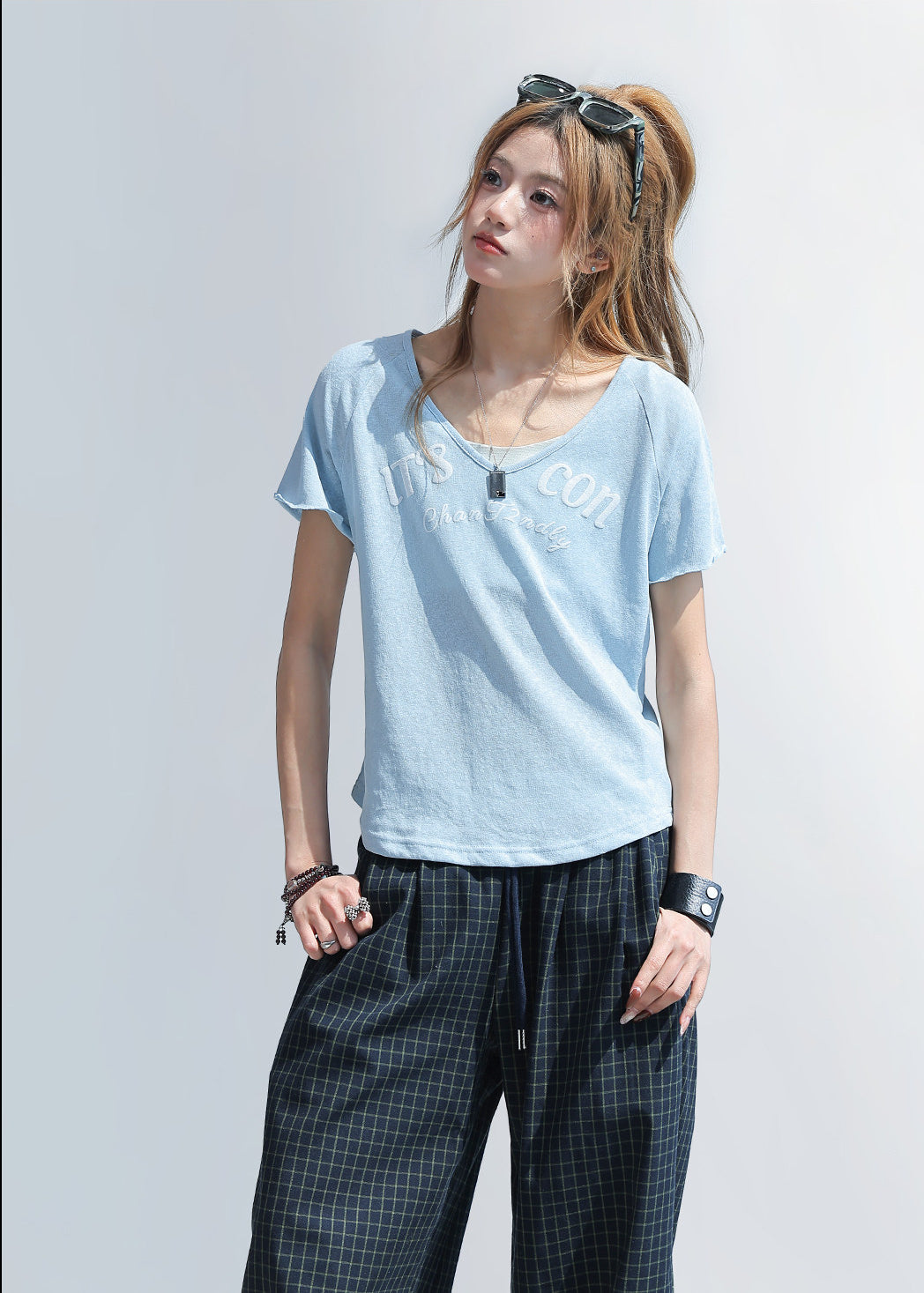 Letter Print V Neck Short Sleeve Top
