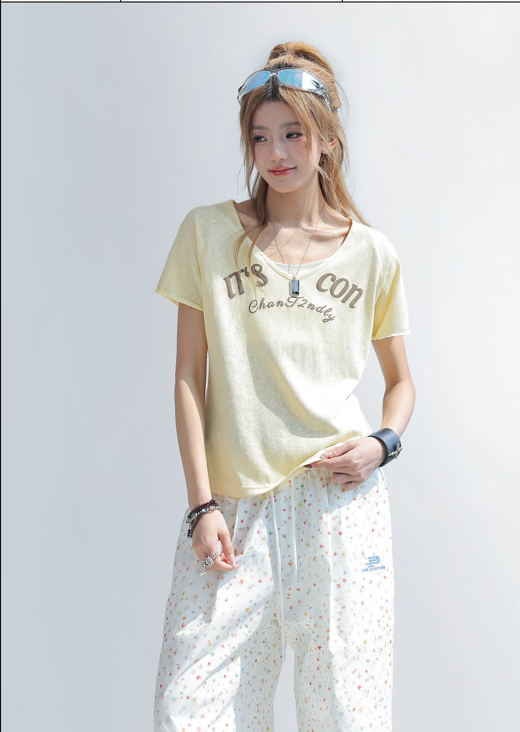 Letter Print V Neck Short Sleeve Top