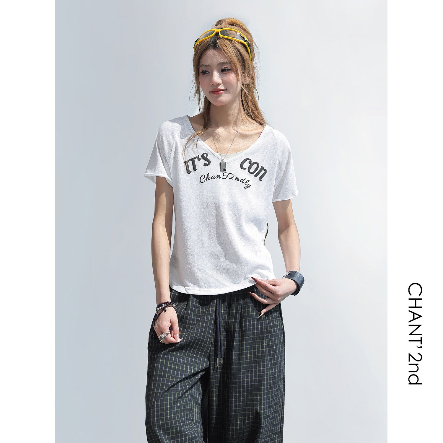 Letter Print V Neck Short Sleeve Top