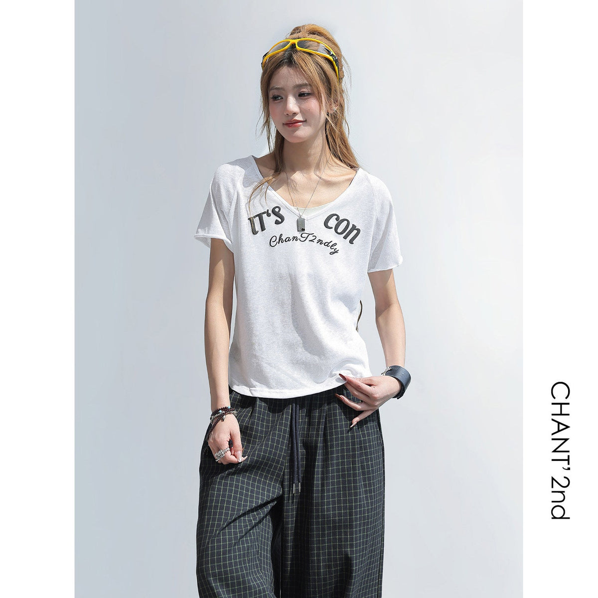 Letter Print V Neck Short Sleeve Top