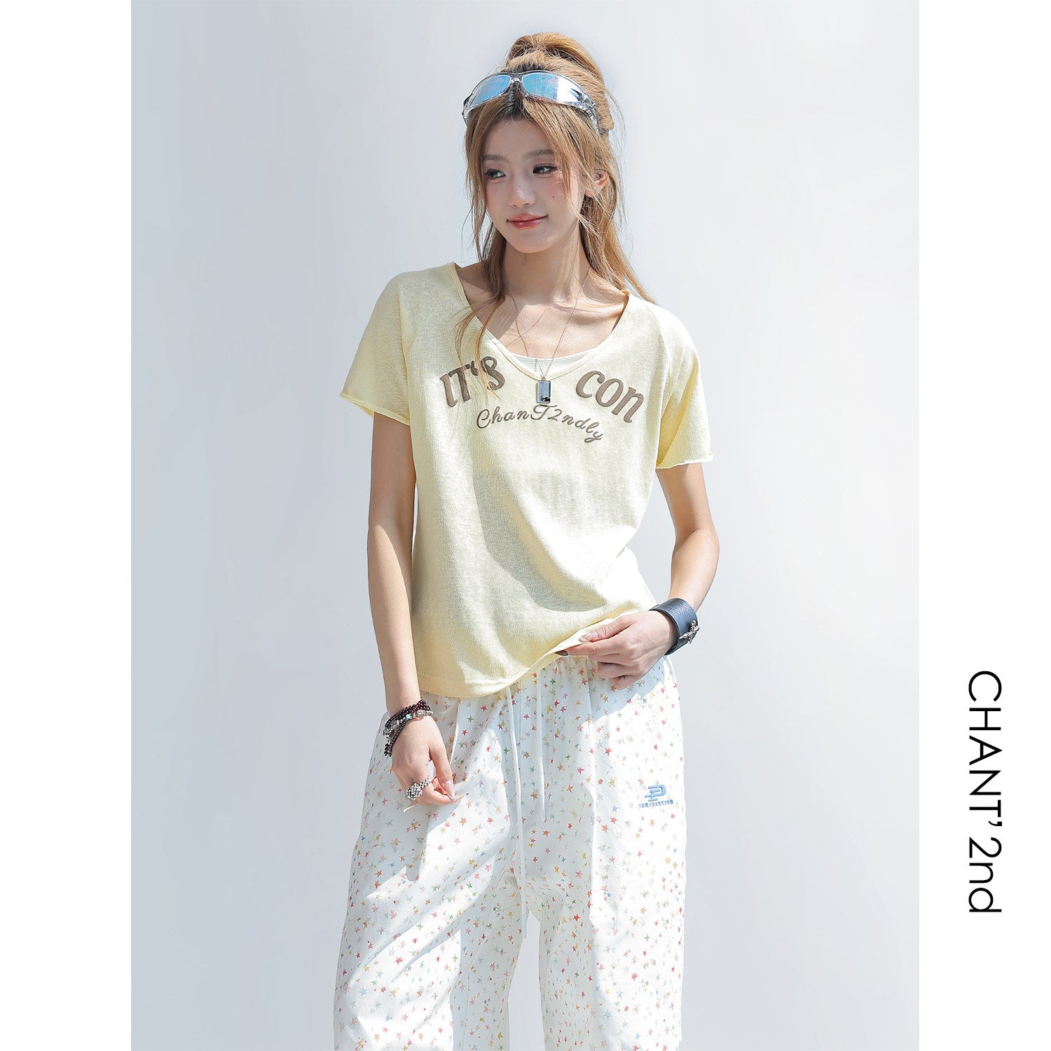 Letter Print V Neck Short Sleeve Top